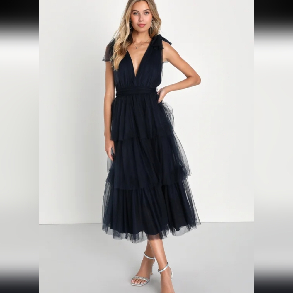 Lulus Navy Tie Strap Tulle Maxi Dress L - Picture 5 of 7